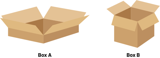 A box "A" that is wide, but not very thick. A Box "B" is a  a cube. Equal  width and height.