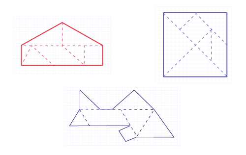 The shapes are made of tangram pieces. One is a house, next  is a square, and finally, 3 is a fish.