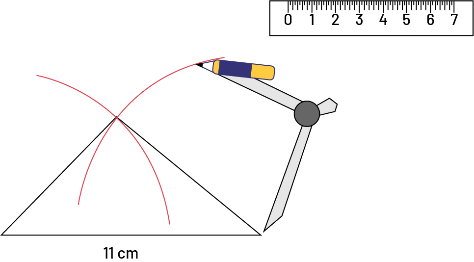 A triangle 11 centimeters at the base. A compass extends from the base and marks an 'x' at the top of the triangle. In the upper right corner, there is a seven-centimeter or three-inch ruler.