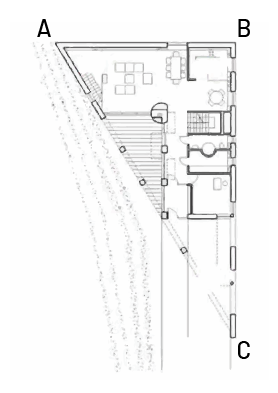 A triangular first floor plan.