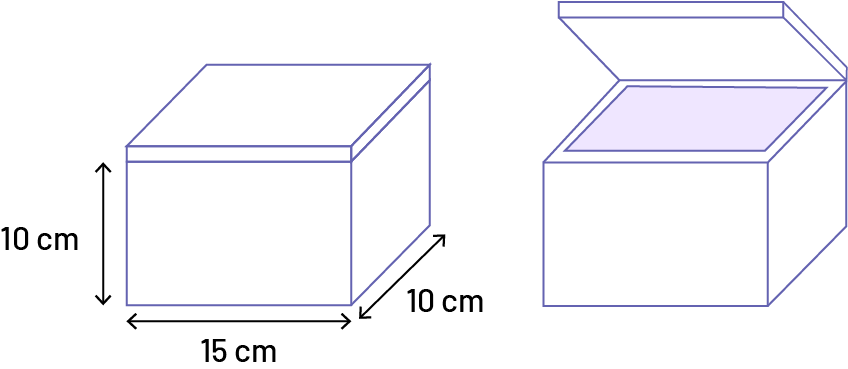 A trunk in the closed position. Its height is ten centimeters, its length is 15 centimeters and its width is ten centimeters.The same chest, but the lid is open.