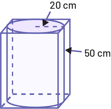 A cylinder fits exactly into a square-based prism. The height of the cylinder is 50 centimeters. The radius of the circular base is 20 centimeters.