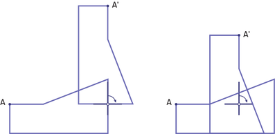 A polygon that has a point « A » undergoes a quarter turn clockwise. The point is now « A » prime.The initial figure swipes to the right on the second figure.