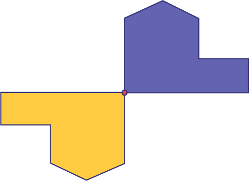 A figure and its congruent image around a point of rotation.A figure and its image on a point of rotation. The images are the same, but they don't have the same orientation.