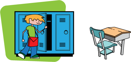 A student in front of his locker. A school desk.