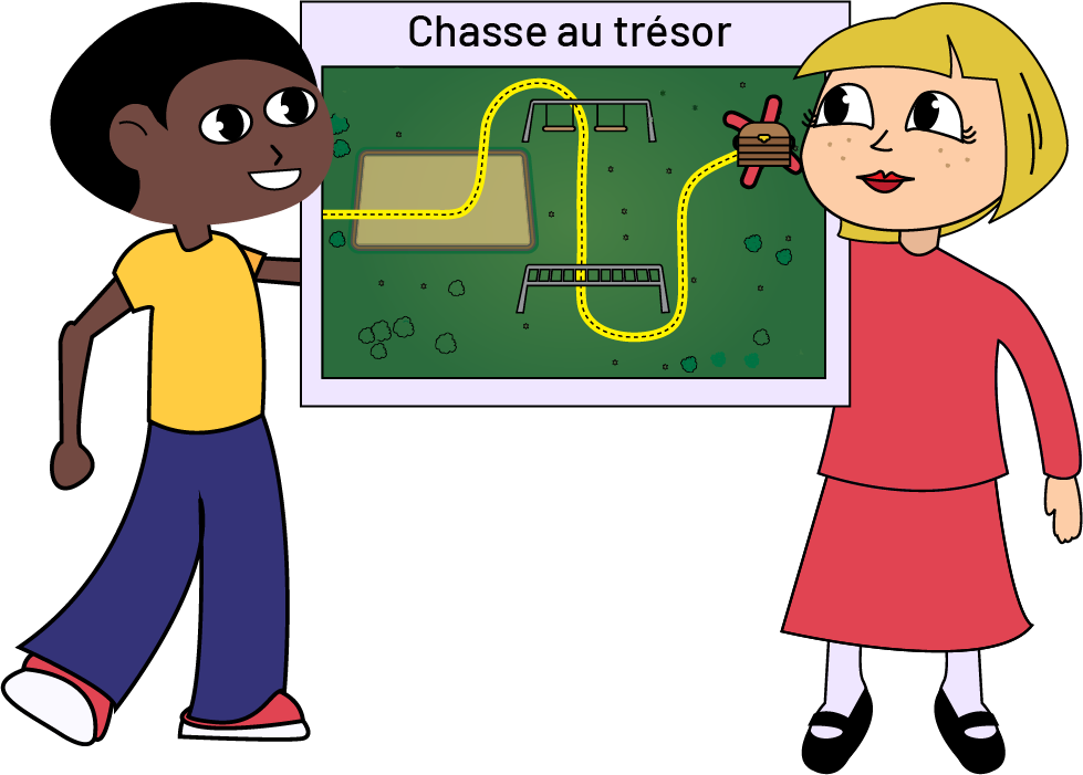 Deux enfants tiennent une carte de chasse au trésor. La carte nous montre un parcours dans un parc.