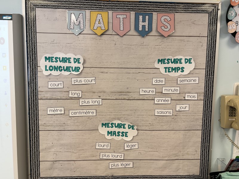 Mur de mots pour le vocabulaire mathématique.Mesure longueur : court, plus court, long, plus long, mètre, centimètre. Mesure de temps : P date, semaine, heure, minute, année, mois, jour, saisons.Mesure de masse : lourd, léger, plus lourd, plus léger.